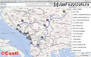 [P01] Harta circuitului, obţinută cu Bing Maps, pe care sunt înscrise punctele de oprire şi traseul de urmat. Singura diferenţă este intrarea prin Porţile de Fier II, pe care însă Bing Maps nu o ştie.  » foto by Costi
 - 
<span class="allrVoted glyphicon glyphicon-heart hidden" id="av360601"></span>
<a class="m-l-10 hidden" id="sv360601" onclick="voting_Foto_DelVot(,360601,12619)" role="button">șterge vot <span class="glyphicon glyphicon-remove"></span></a>
<a id="v9360601" class=" c-red"  onclick="voting_Foto_SetVot(360601)" role="button"><span class="glyphicon glyphicon-heart-empty"></span> <b>LIKE</b> = Votează poza</a> <img class="hidden"  id="f360601W9" src="/imagini/loader.gif" border="0" /><span class="AjErrMes hidden" id="e360601ErM"></span>