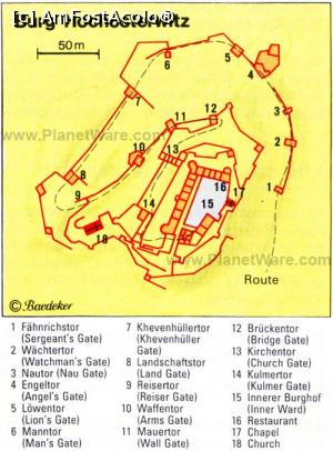 [P77] 45.Schema drumului de acces la castel, cu poziția și numerotarea porților, și obiectivele din interiorul castelului. » foto by msnd <span class="label label-default labelC_thin small">NEVOTABILĂ</span>